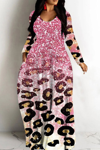 Pink Casual Leopard Print Basic V Neck Long Dresses