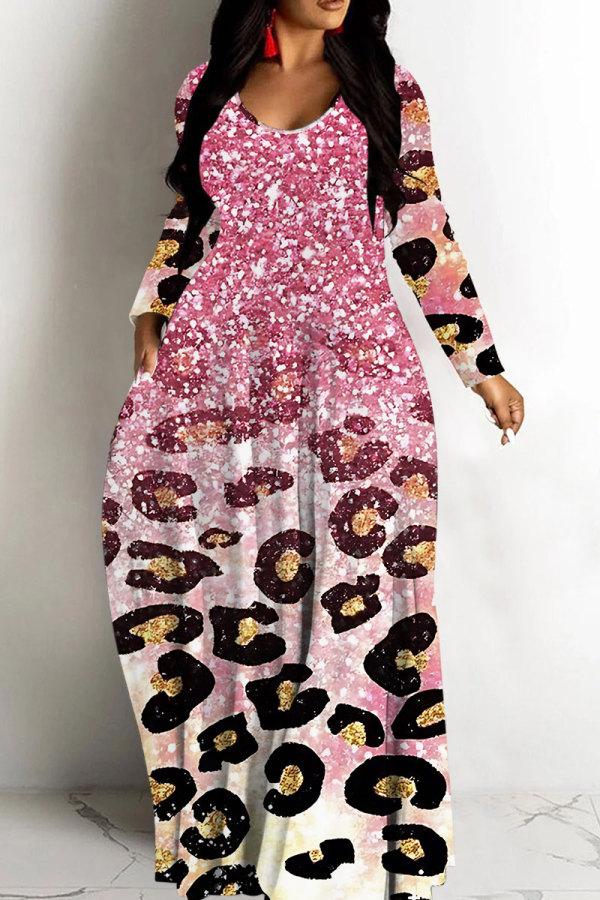 Pink Casual Leopard Print Basic V Neck Long Dresses