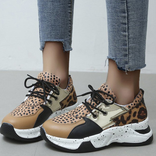 Leopard Print Casual Sportswear Patchwork Belted Contrast Round Comfortable Out Door Shoes