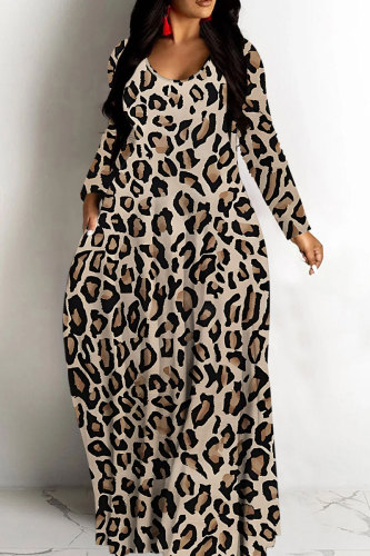 Camel Casual Leopard Print Basic V Neck Long Dresses