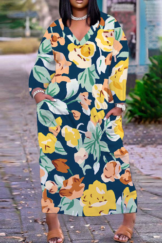 Blue Casual Daily Floral Print Pocket Basic V Neck Long Plus Size Dresses