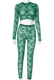 Green Sexy Solid Color Lace Patchwork See-Through O Neck Long Sleeve Two Pieces