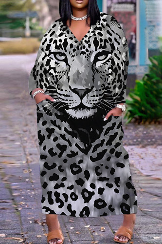 Leopard Print Casual Print Pocket V Neck Long Plus Size Dresses