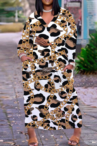 White Casual Daily Chain print Pocket Basic V Neck Long Plus Size Dresses