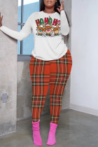 White Brown Casual Print Basic O Neck Long Sleeve Two Pieces