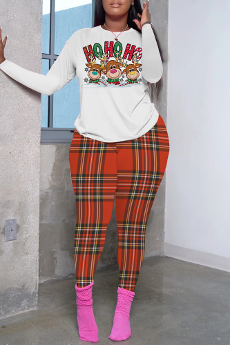 White Brown Casual Print Basic O Neck Long Sleeve Two Pieces