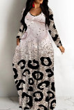 Blue Black Casual Leopard Print Basic V Neck Long Dresses