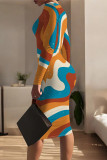 Multicolor Casual Street Geometric Print Contrast O Neck Printed Dresses