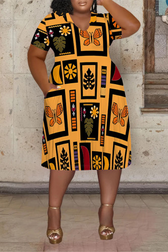 Yellow Casual Colorblock National Totem Print Pocket Contrast V Neck Printed Plus Size Dresses