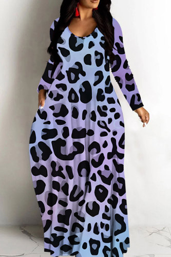 Blue Casual Leopard Print Basic V Neck Long Dresses