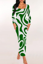 Green Casual Stripe Patchwork U Neck Wrapped Skirt Dresses