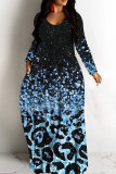 Blue Black Casual Leopard Print Basic V Neck Long Dresses