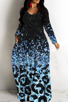 Blue Black Casual Leopard Print Basic V Neck Long Dresses