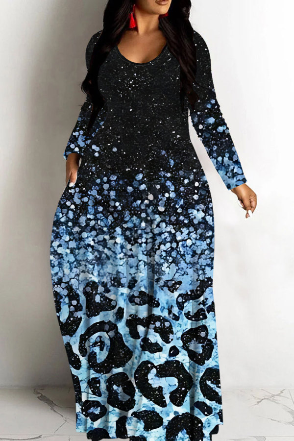 Blue Black Casual Leopard Print Basic V Neck Long Dresses