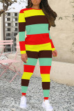 Blue Purple Casual Colorblock Patchwork O Neck Long Sleeve Two Pieces