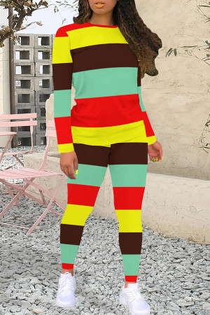 Brown Green Casual Colorblock Patchwork O Neck Long Sleeve Two Pieces