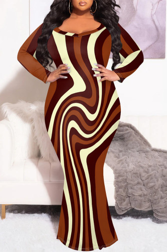Brown Sexy Colorblock Print Contrast Fishtail V Neck Printed Plus Size Dresses