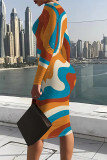 Multicolor Casual Street Geometric Print Contrast O Neck Printed Dresses