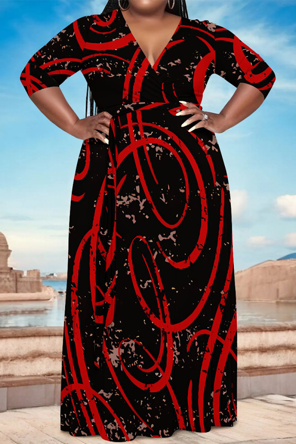 Black Red Casual Geometric Print Lace Up Contrast V Neck Printed Plus Size Dresses