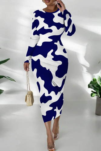 Tibetan Blue Casual Print Patchwork O Neck Long Dresses