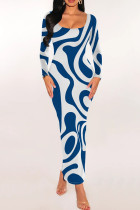 Blue Casual Stripe Patchwork U Neck Wrapped Skirt Dresses