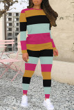 Blue Purple Casual Colorblock Patchwork O Neck Long Sleeve Two Pieces