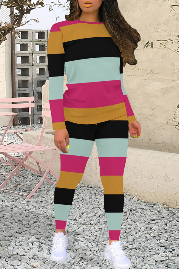 Rose Red Casual Colorblock Patchwork O Neck Long Sleeve Two Pieces