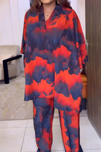 Red Blue Casual Print Patchwork V Neck Plus Size Two Pieces