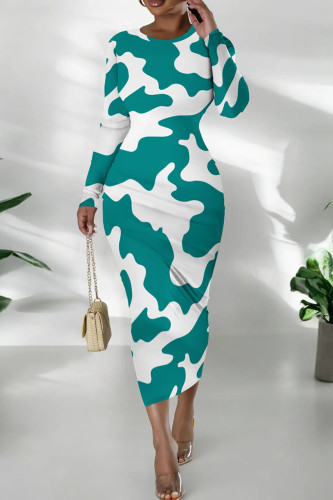 Cyan Casual Print Patchwork O Neck Long Dresses