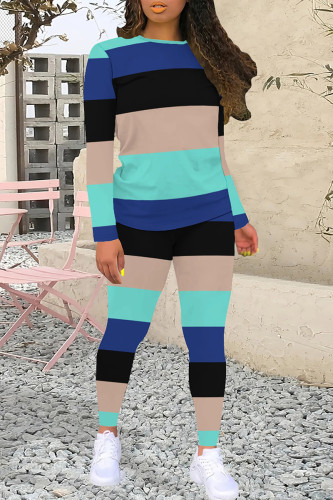 Cyanine Casual Colorblock Patchwork O Neck Long Sleeve Two Pieces