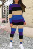 Blue Purple Casual Colorblock Patchwork O Neck Long Sleeve Two Pieces