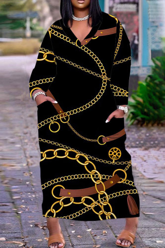 Black Brown Casual Daily Chain print Pocket Basic V Neck Long Plus Size Dresses