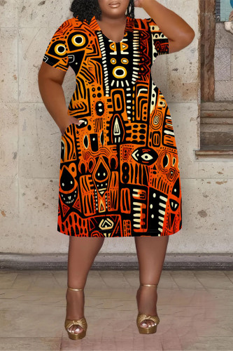 Tangerine Red Casual Colorblock National Totem Print Pocket Contrast V Neck Printed Plus Size Dresses