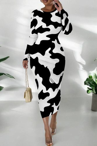 Black And White Casual Print Patchwork O Neck Long Dresses