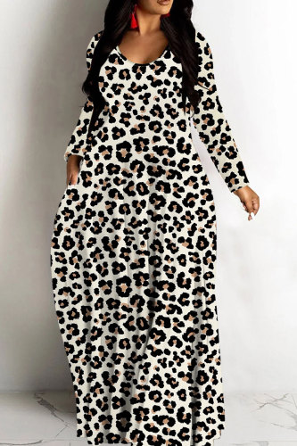 Cream White Casual Leopard Print Basic V Neck Long Dresses