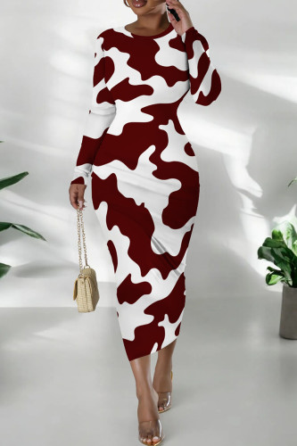 Burgundy Casual Print Patchwork O Neck Long Dresses