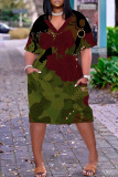 Army Green Casual Daily Print Basic V Neck Long Sleeve Plus Size Dresses
