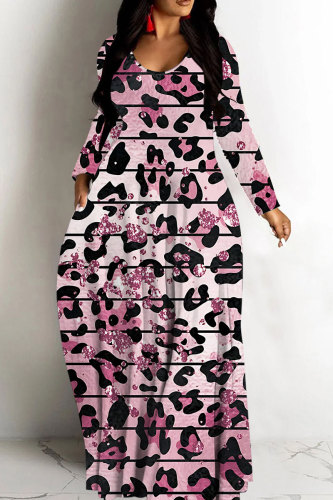 Pink Casual Leopard Print Basic V Neck Long Dresses