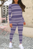 Blue Purple Casual Colorblock Patchwork O Neck Long Sleeve Two Pieces