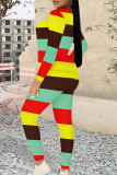 Blue Purple Casual Colorblock Patchwork O Neck Long Sleeve Two Pieces