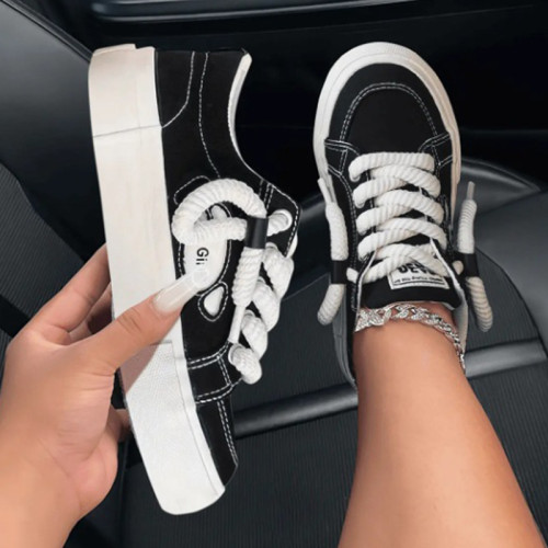 Black Casual Daily Lace Up Patchwork Contrast Round Comfortable Out Door Shoes