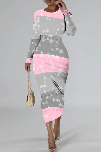 Gray Pink Casual Print Basic O Neck Long Sleeve Dresses