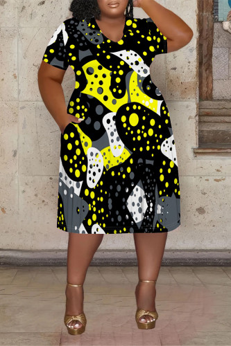Black Casual Colorblock National Totem Print Pocket Contrast V Neck Printed Plus Size Dresses