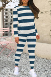 Blue Purple Casual Colorblock Patchwork O Neck Long Sleeve Two Pieces