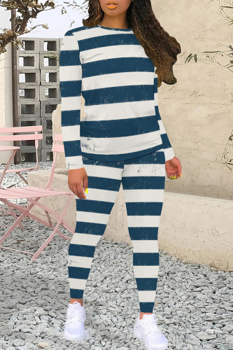 Blue White Casual Colorblock Patchwork O Neck Long Sleeve Two Pieces