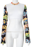 White Casual Print Patchwork O Neck Tops