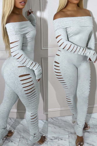 Grey Casual Solid Color Hollow Out Patchwork Backless Off Shoulder Skinny Jumpsuits