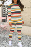 Blue Purple Casual Colorblock Patchwork O Neck Long Sleeve Two Pieces