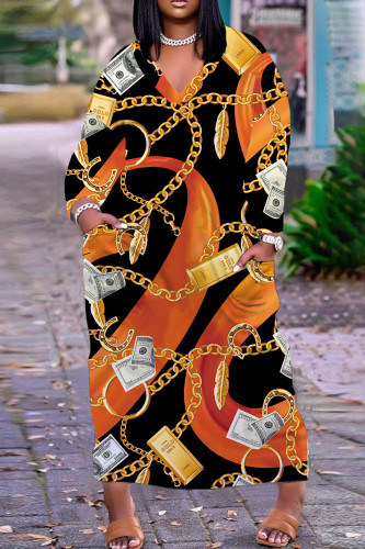 Orange Casual Print Pocket V Neck Long Plus Size Dresses