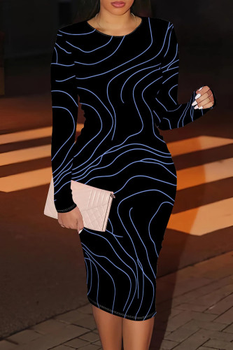 Blue Black Casual Stripe Patchwork O Neck Wrapped Skirt Dresses